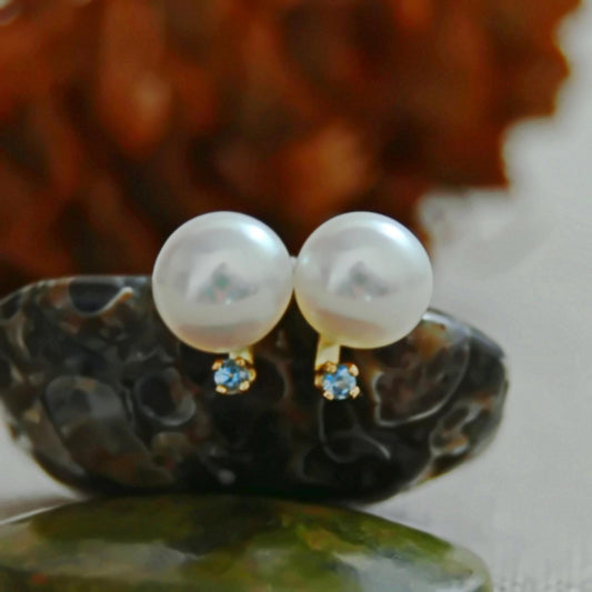 Neiva - Unique Freshwater Pearl Stud Earrings with Aquamarine Accents Set in Solid 14kt Gold, FREE SHIPPING US
