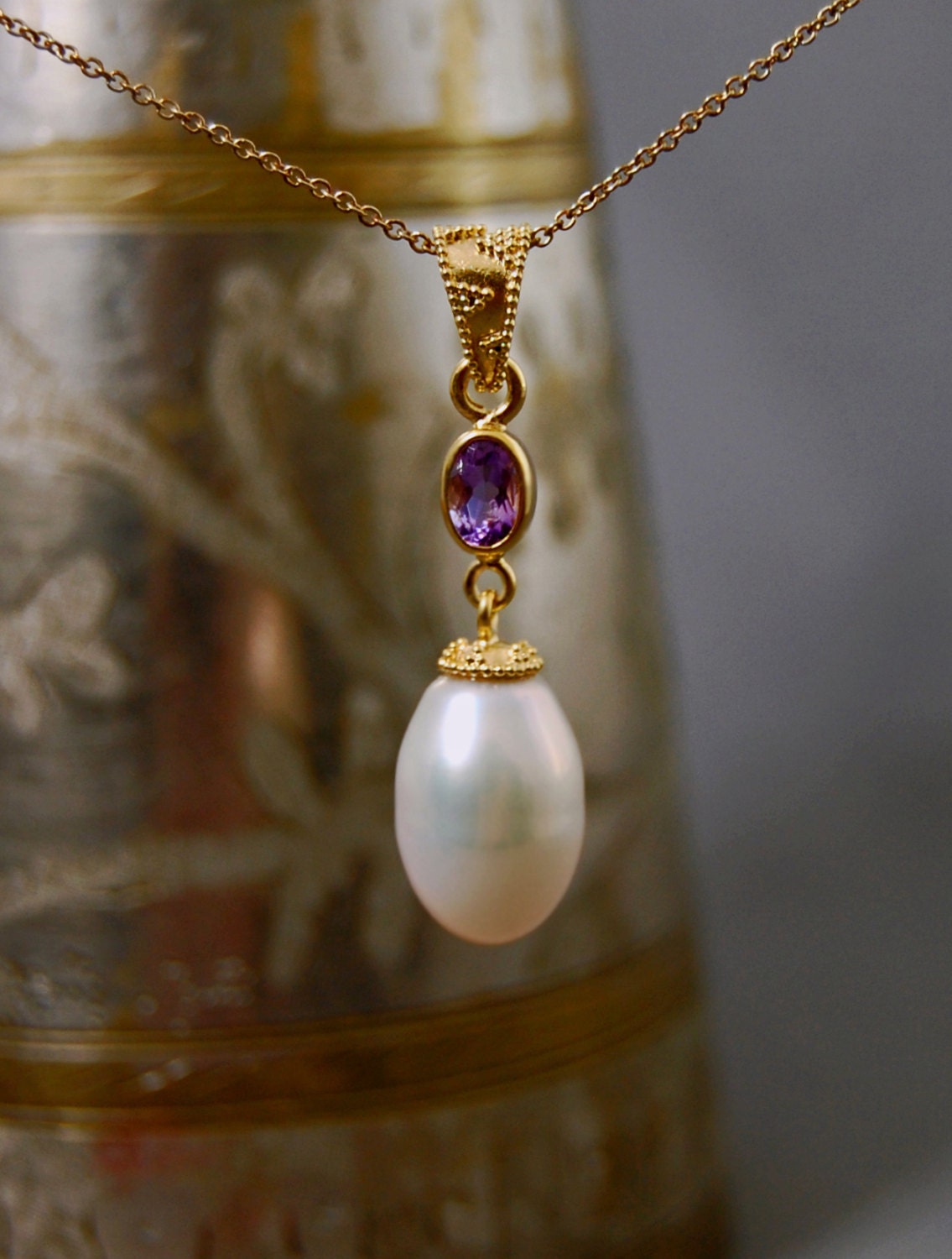 Aaloka - Rose de France & Pearl Pendant Gold Vermeil