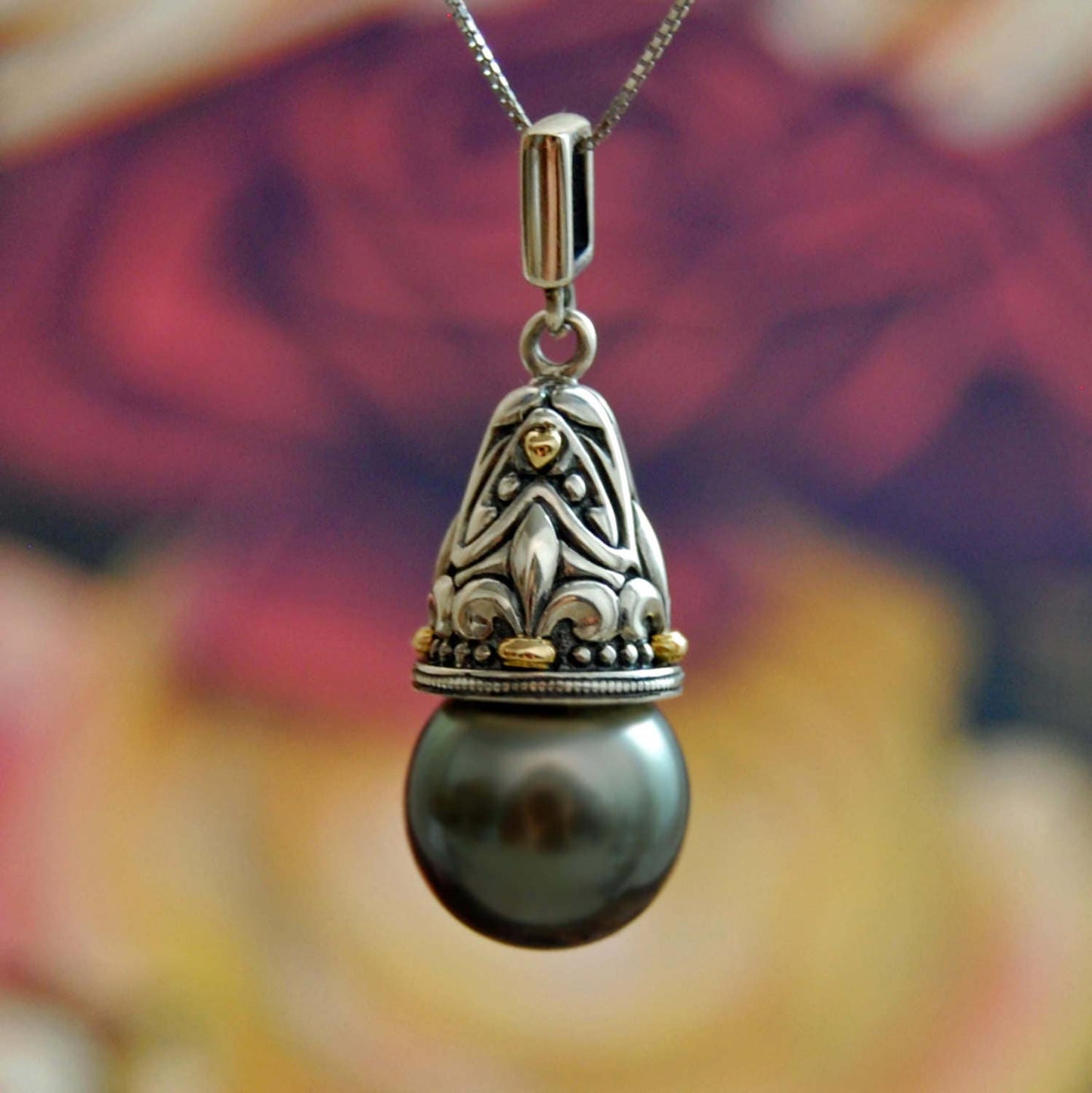 Elizabeth - Tahitian Pearl Pendant Set in Sterling Silver with Gold Accent, FREE SHIP USA