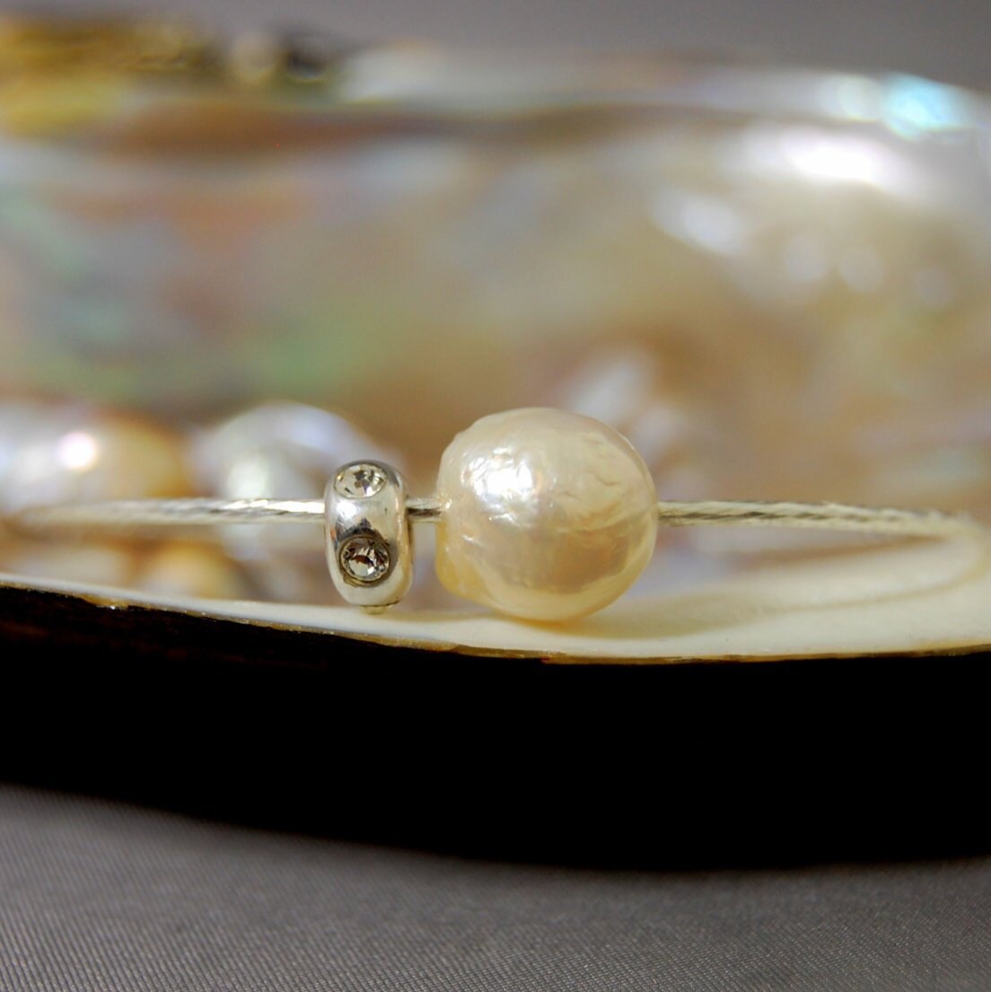 Neesa - White Freshwater Pearl Stacking Bangle, Bridal Bracelet, FREE SHIP US