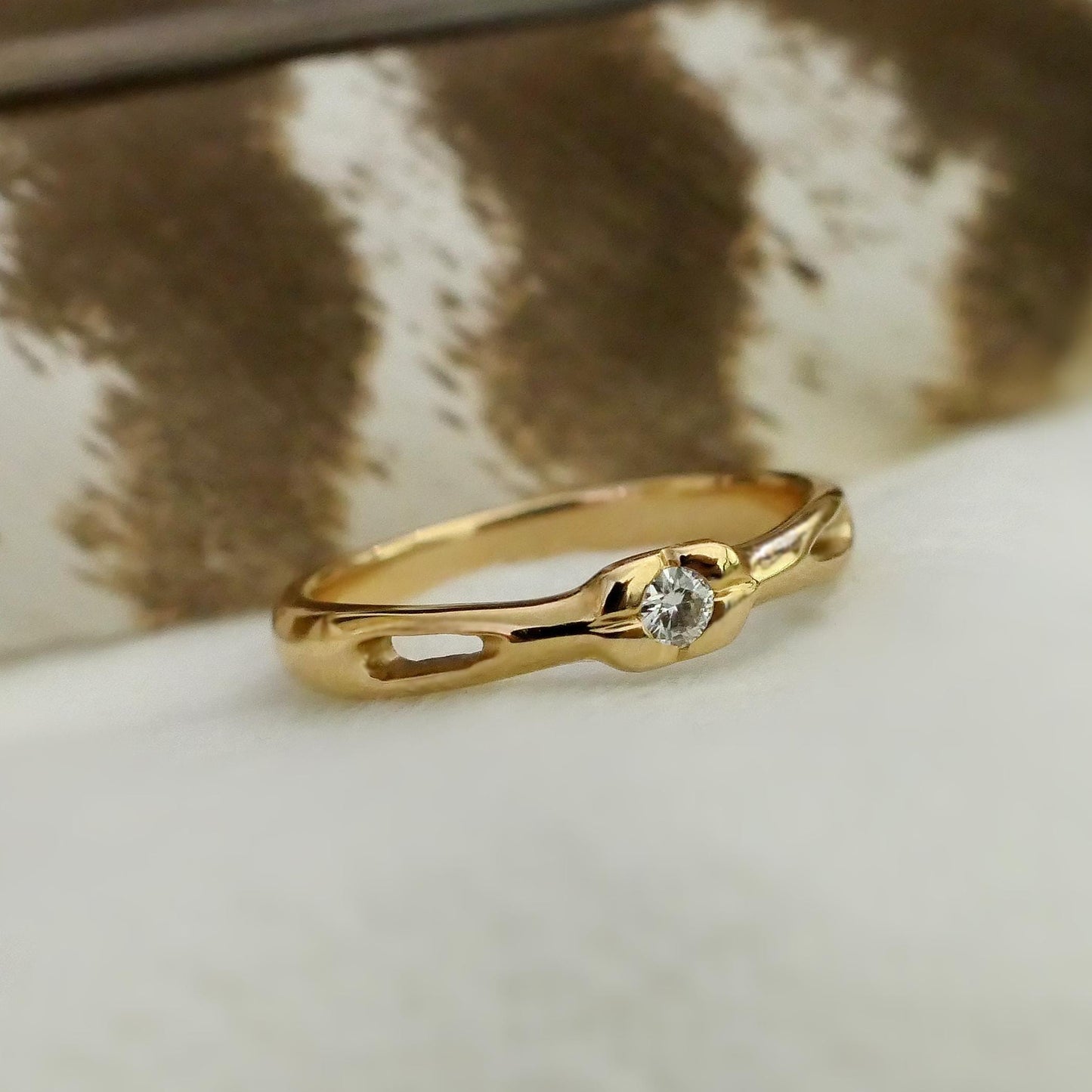 Aina - Moissanite engagement, stacking ring set in solid 14kt yellow gold. FREE SHIPPING within the US.