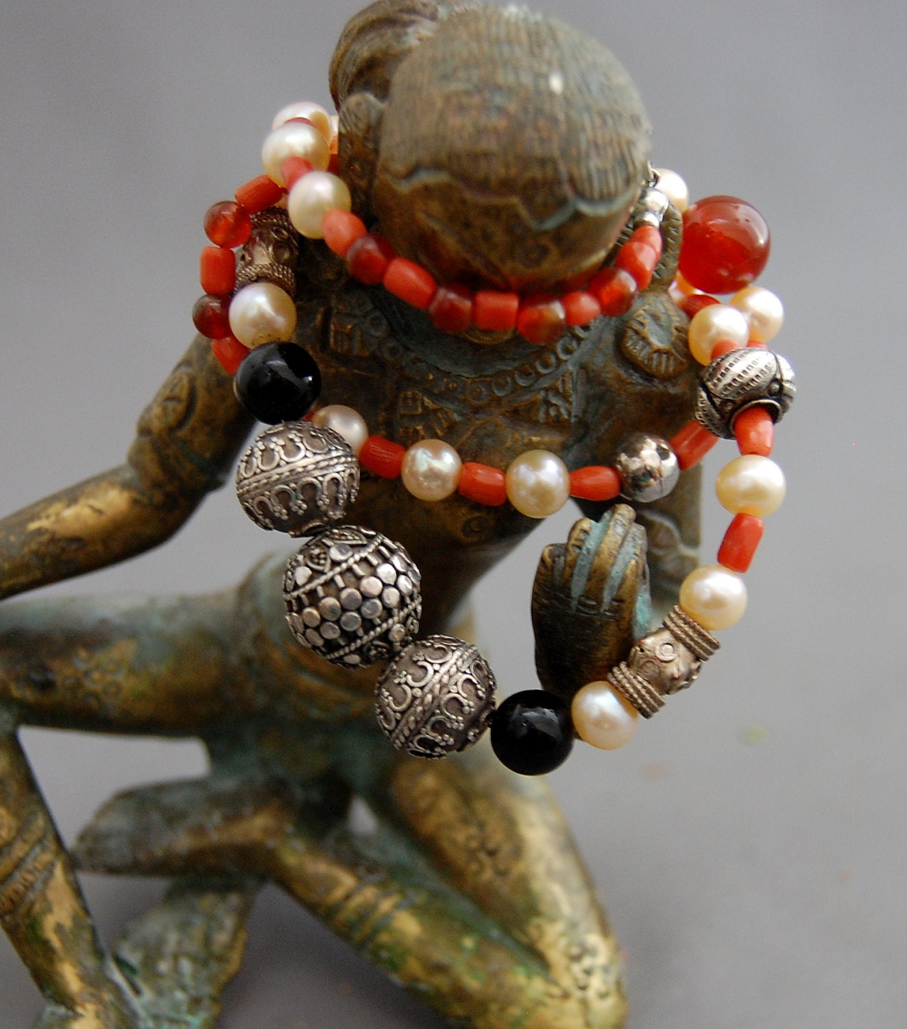 Camilla - Pearl Statement Necklace, Black Onyx, Red Coral, Sterling Silver