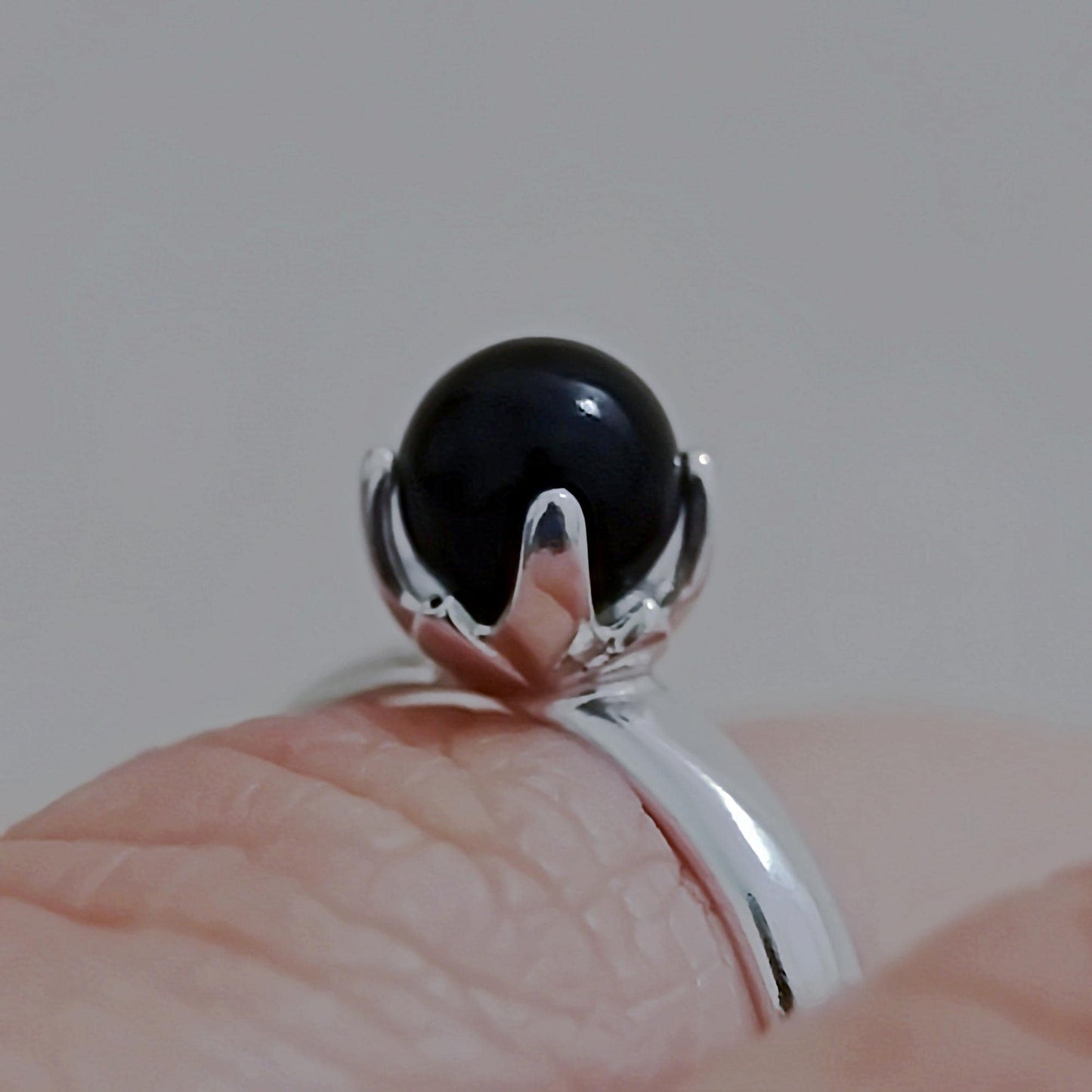 Asima - Black Onyx Ring Set in a Solid Easy Care Argentium® Silver Flower Setting. Solitaire Ring, Stacking Ring, Friendship Ring.