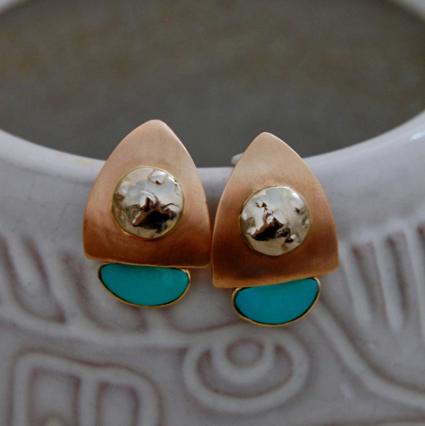 Dawn Jumps Up - Handmade Modernist Stud Earrings, Rose / Yellow / White Gold, Turquoise Gemstones