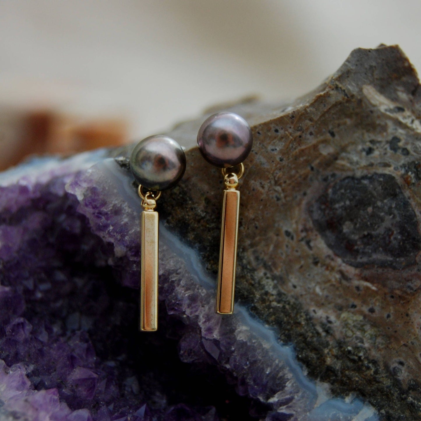 Azaria - Gold Bar Dangle Pearl Stud Earrings, Handmade, FREE SHIPPING US