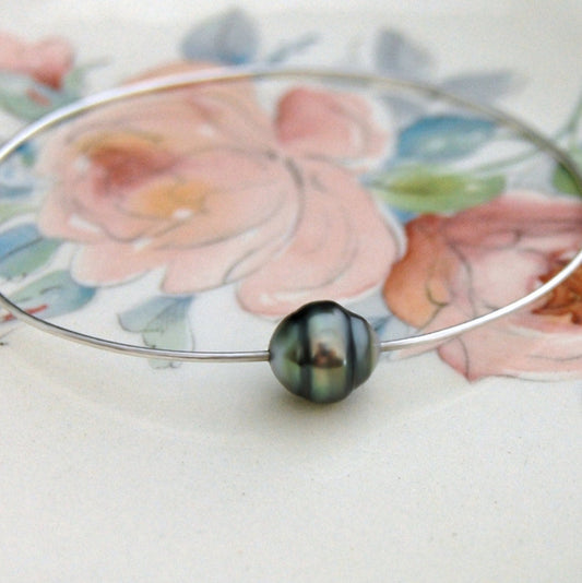 Birgit - Tahitian Peacock Pearl Bangle, Sterling Silver, FREE SHIP US