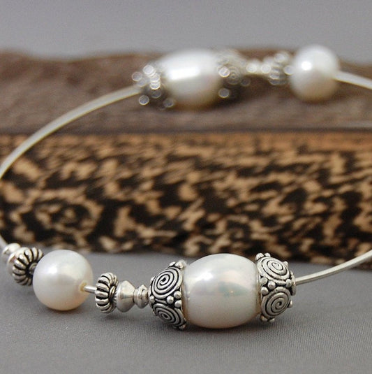 Maria - White Freshwater Pearl Wedding Bangle, Argentium® Silver, FREE SHIP US