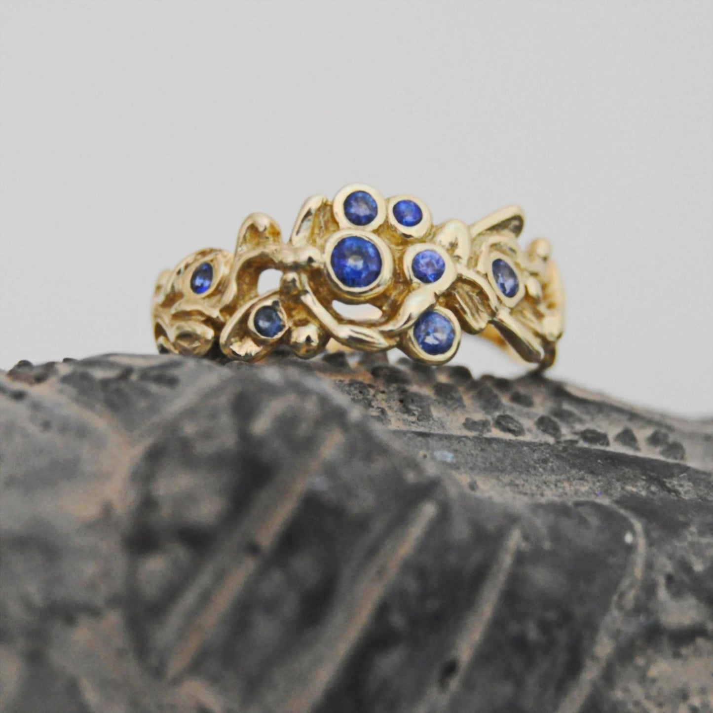 Alyssa - Blue Sapphire Ring Set in 14kt Solid Gold with a Floral Motif. SHOP EXCLUSIVE. Free Shipping US.