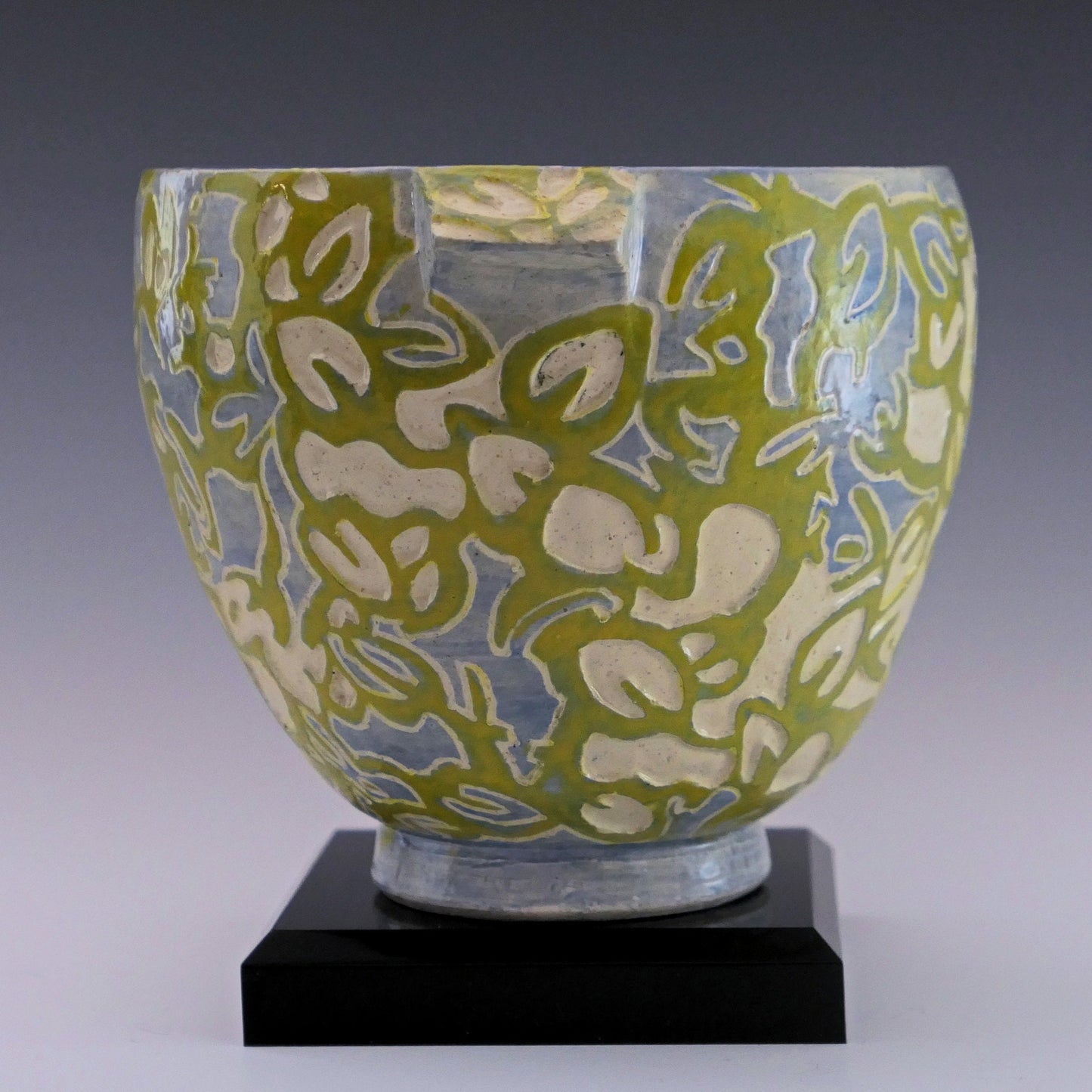 Shade Patterns - Ceramic Bowl hand carved with leaf patterns in blue and yellow.Food safe. FREE SHIPPING US.