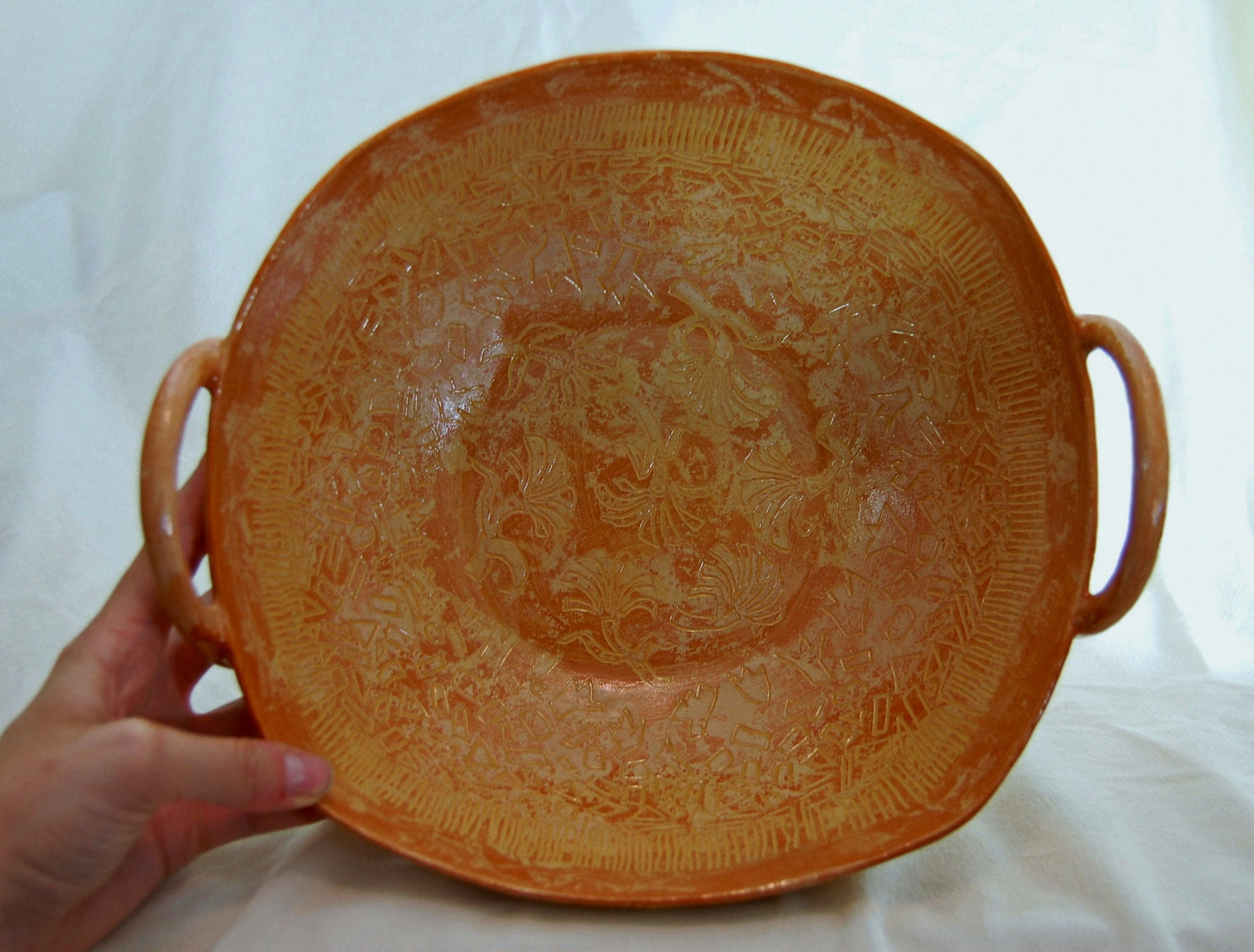 Provencal Ginkgo - Large handmade bowl with sgraffito drawings and added strap handles with a Ginkgo leaf motif. Free shipping US.