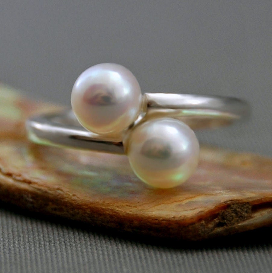 Kumiko - Pearl Ring, Double Pearl Ring Set in Easy Care Continuum® Silver, FREE SHIP US.