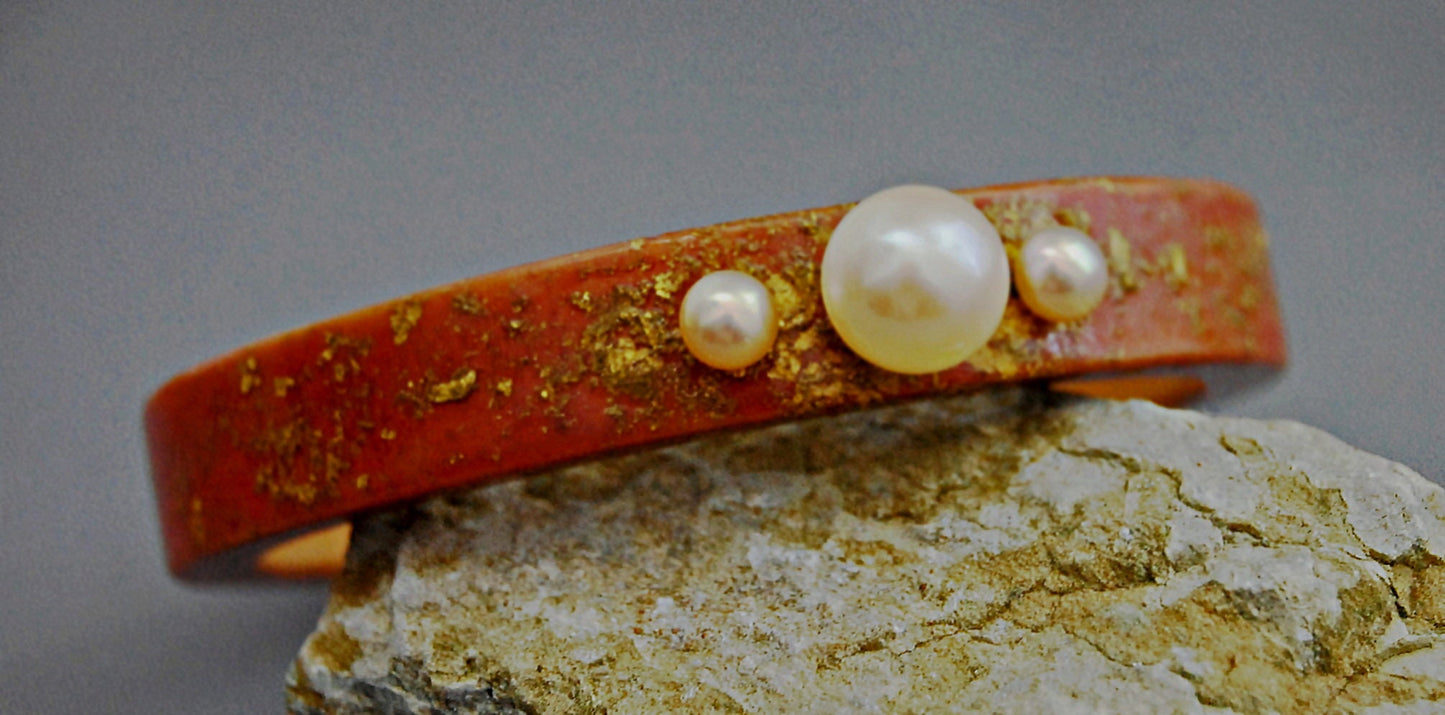 Phylicia - Handmade Wood Stacking Bangle with Cultured Pearls and 24kt Gold Fold Sprinkles.