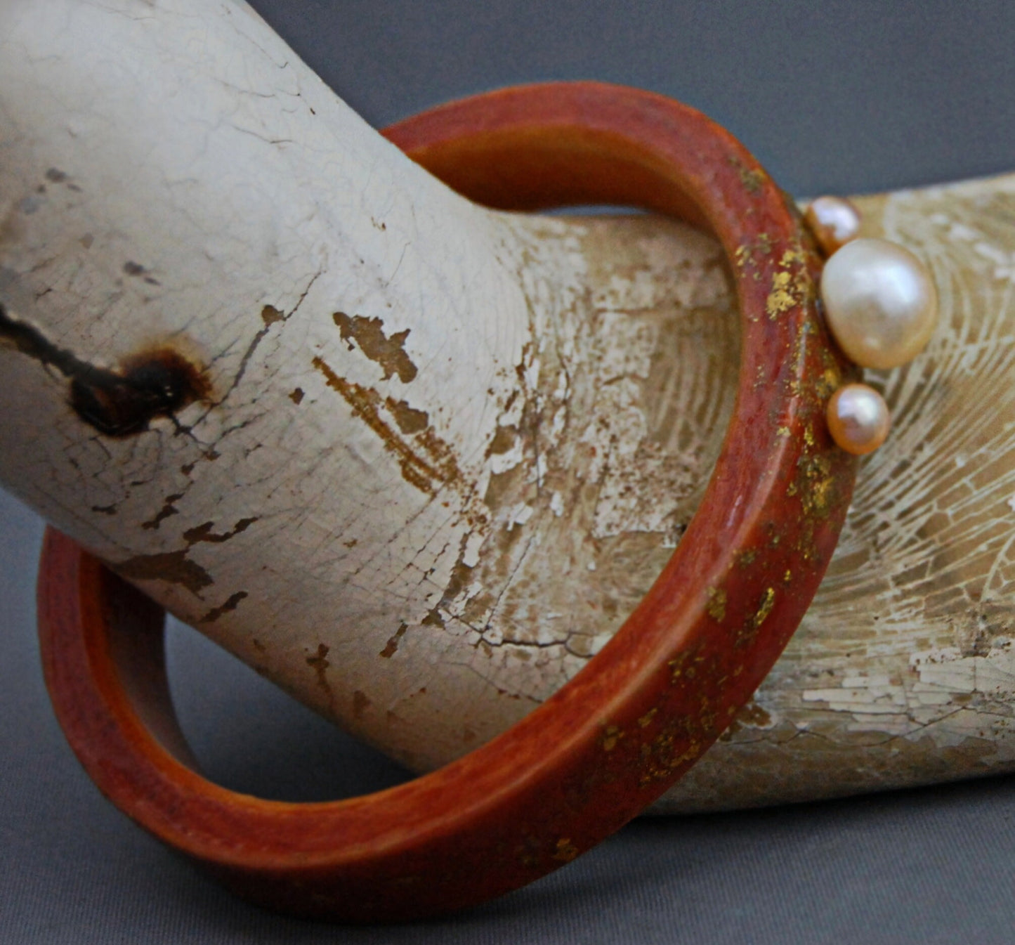 Phylicia - Handmade Wood Stacking Bangle with Cultured Pearls and 24kt Gold Fold Sprinkles.