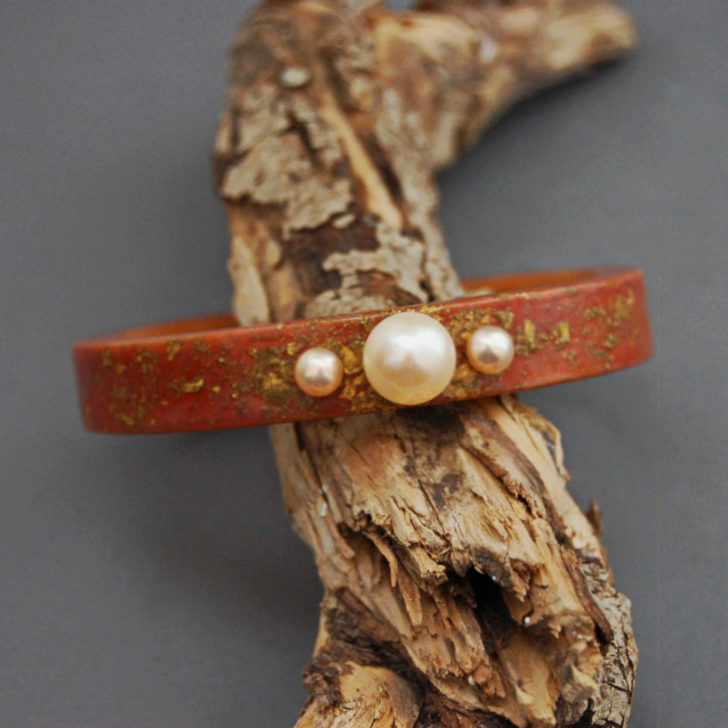 Phylicia - Handmade Wood Stacking Bangle with Cultured Pearls and 24kt Gold Fold Sprinkles.