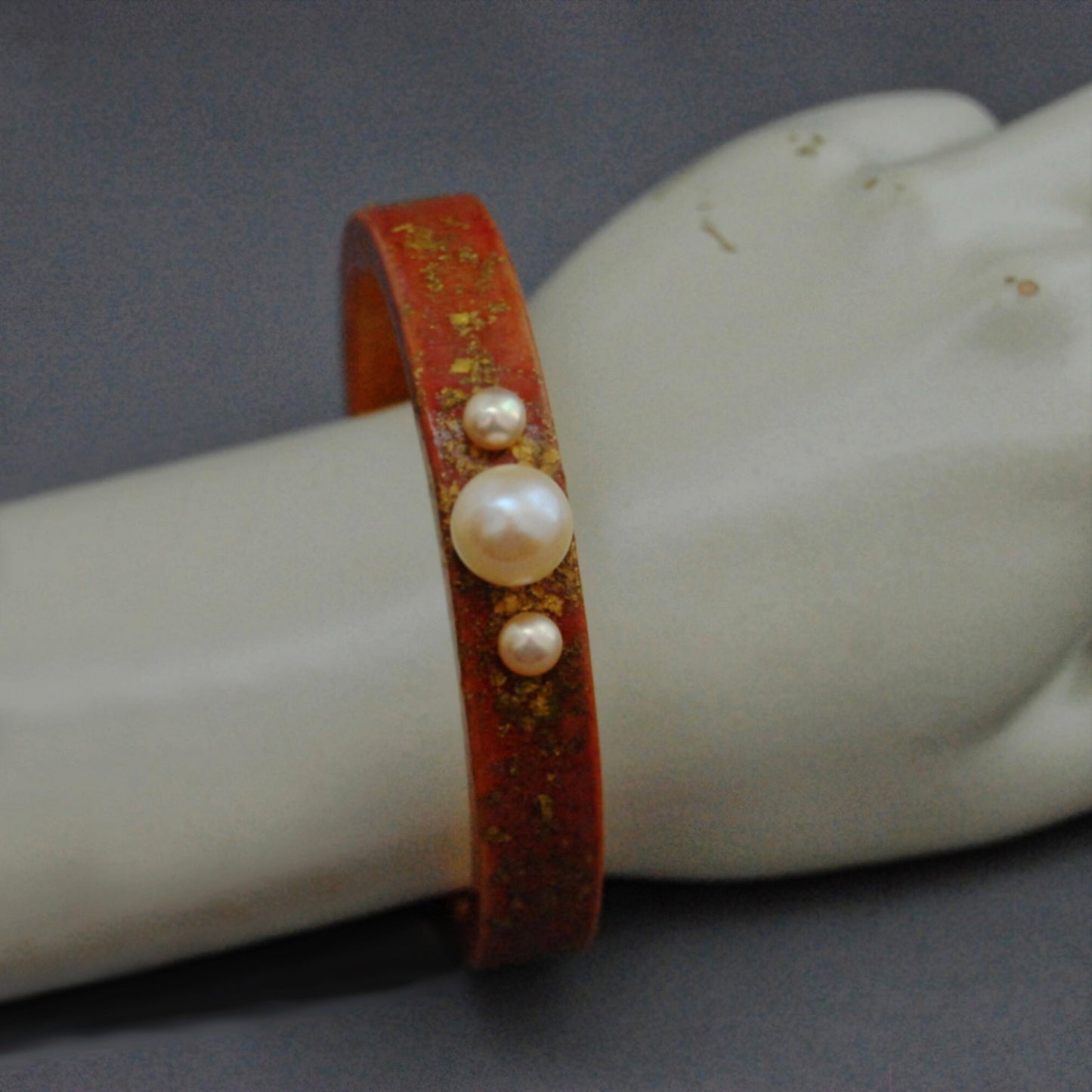 Phylicia - Handmade Wood Stacking Bangle with Cultured Pearls and 24kt Gold Fold Sprinkles.