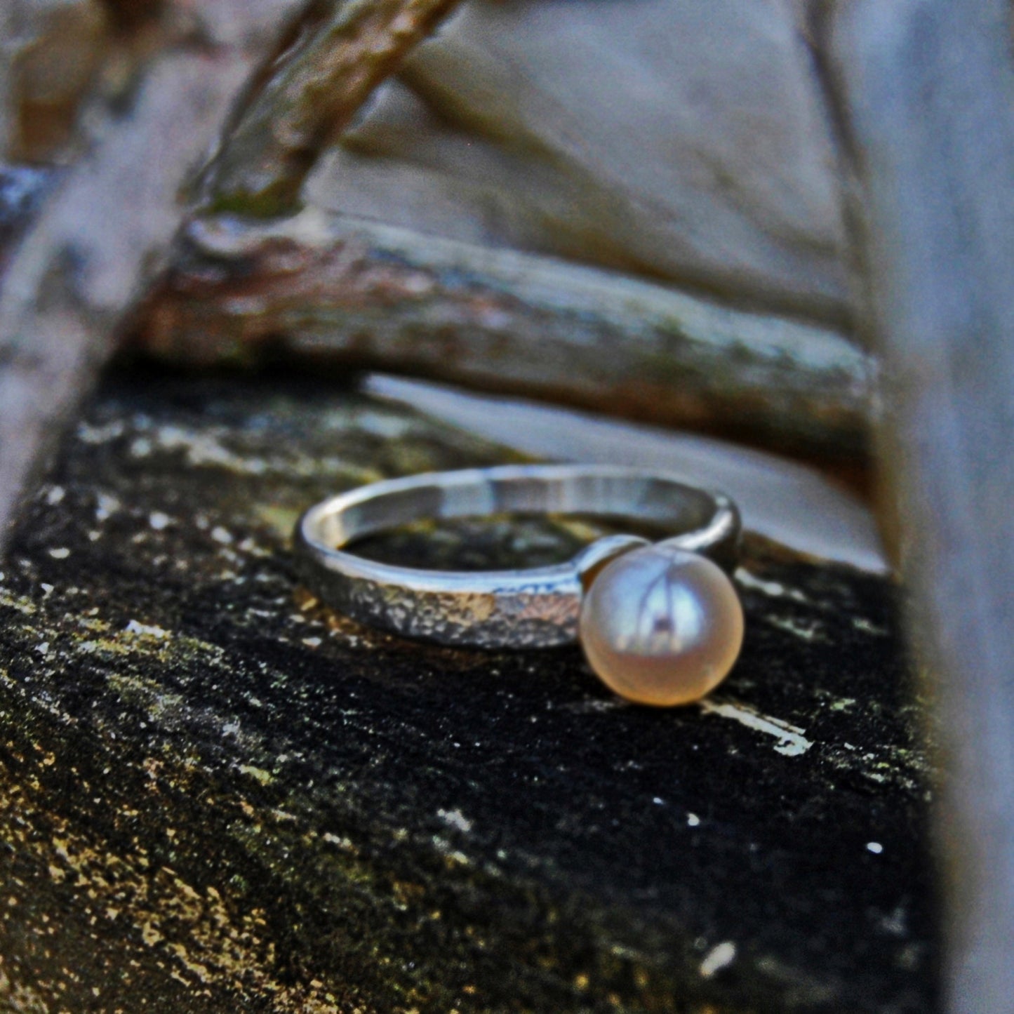 Simple Pearl Ring Set in Hammered Sterling Silver Setting.