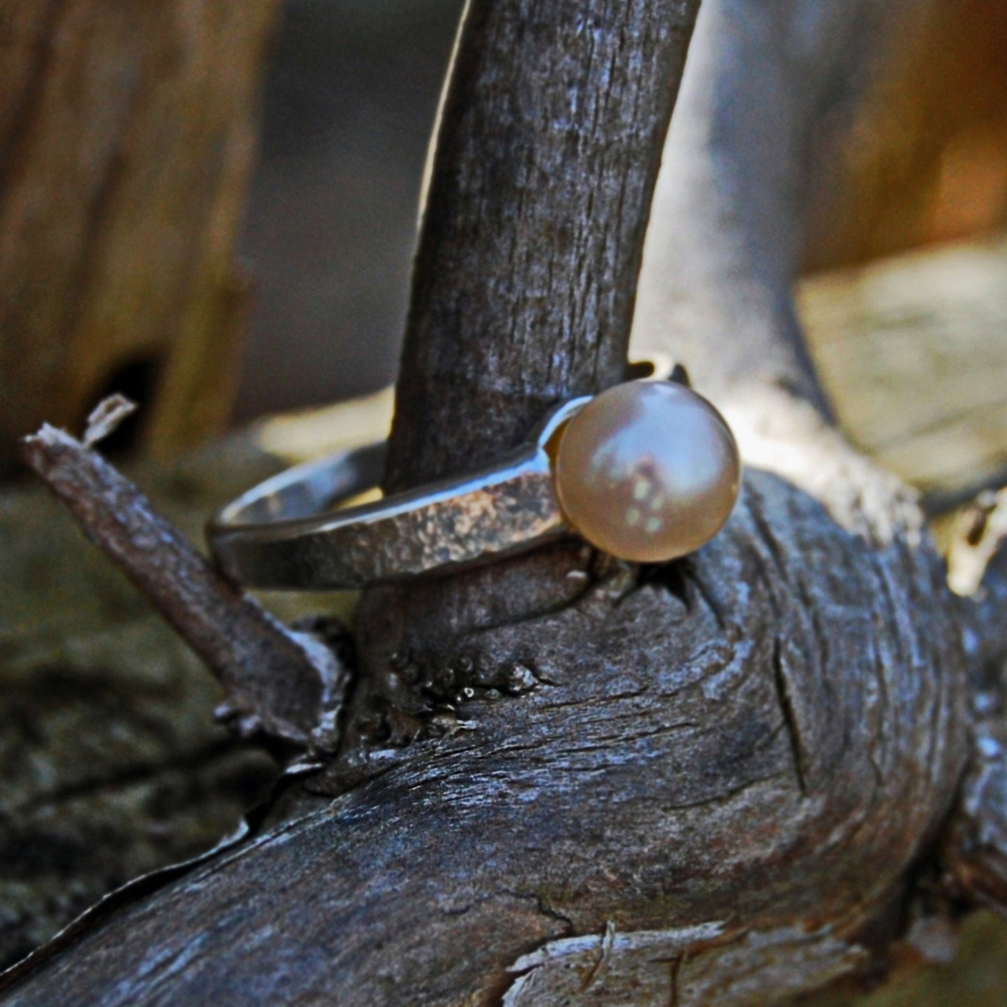 Simple Pearl Ring Set in Hammered Sterling Silver Setting.