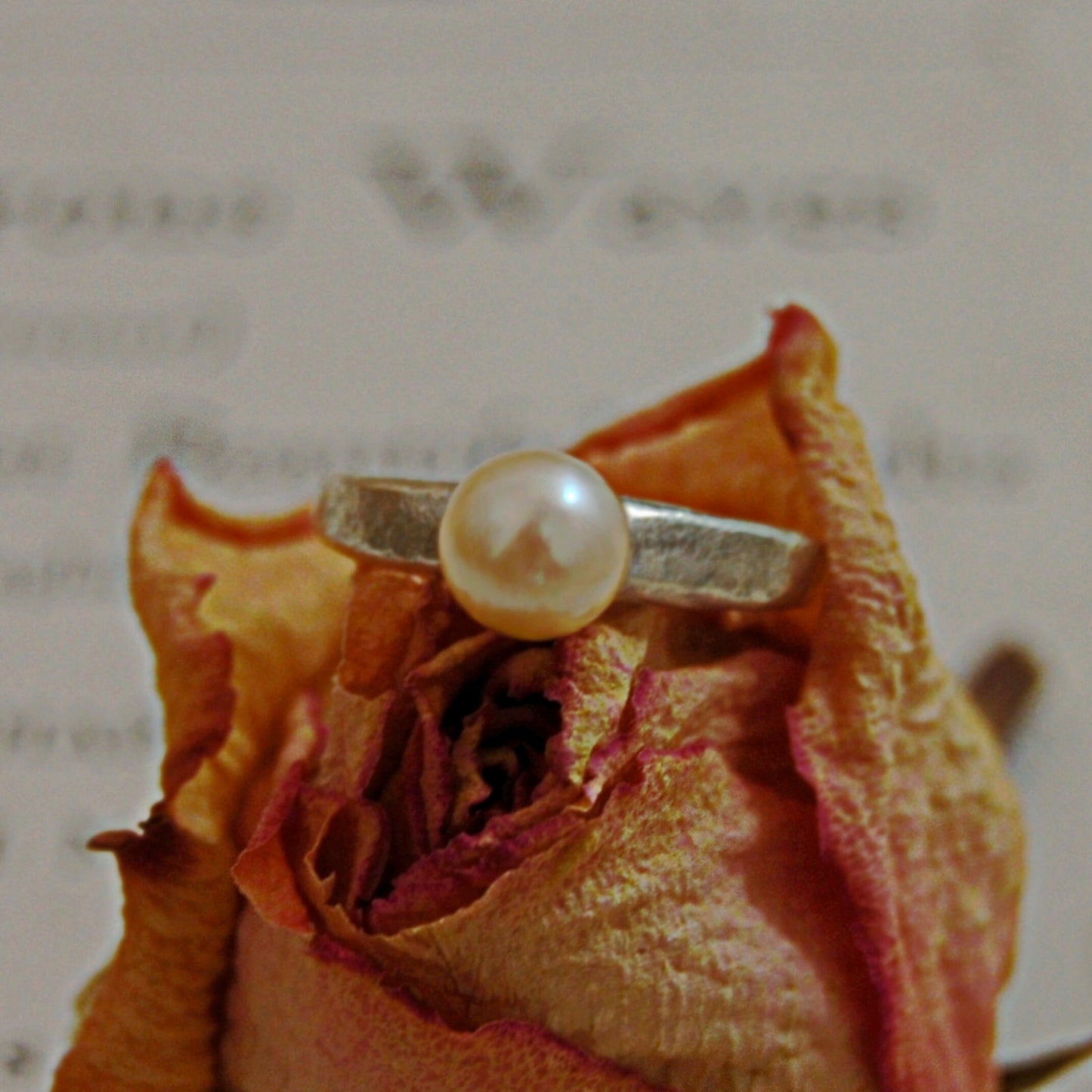 Simple Pearl Ring Set in Hammered Sterling Silver Setting.