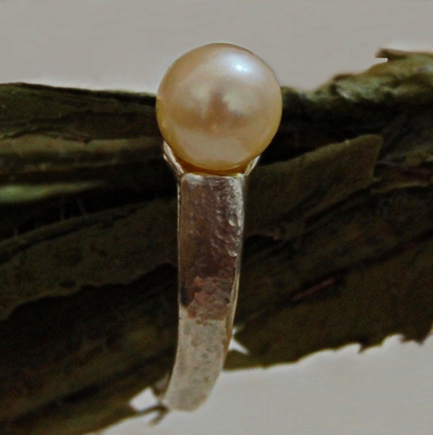 Simple Pearl Ring Set in Hammered Sterling Silver Setting.