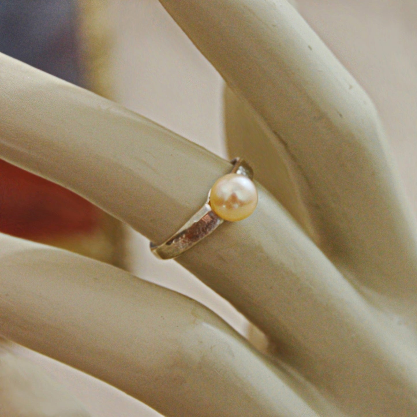 Simple Pearl Ring Set in Hammered Sterling Silver Setting.