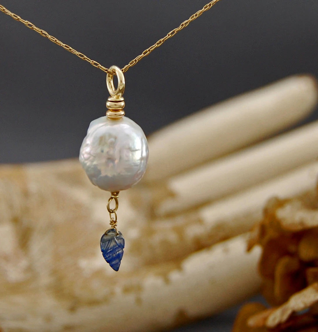 Aine - White Pearl Pendant with Blue Sapphire Dangle, set in solid 14kt gold.
