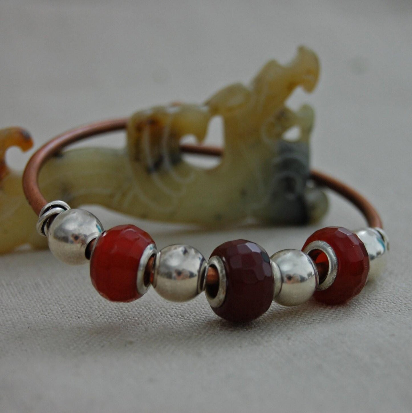 Lara - Copper Bracelet Features Carnelian Gemstone Beads With Sterling Silver Beads Set On a Solid Copper Cuff Bangle. Free Shipping US.