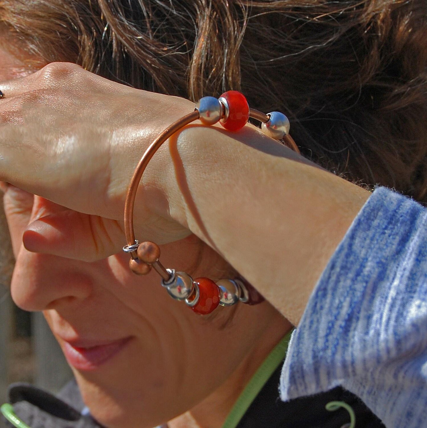 Lara - Copper Bracelet Features Carnelian Gemstone Beads With Sterling Silver Beads Set On a Solid Copper Cuff Bangle. Free Shipping US.