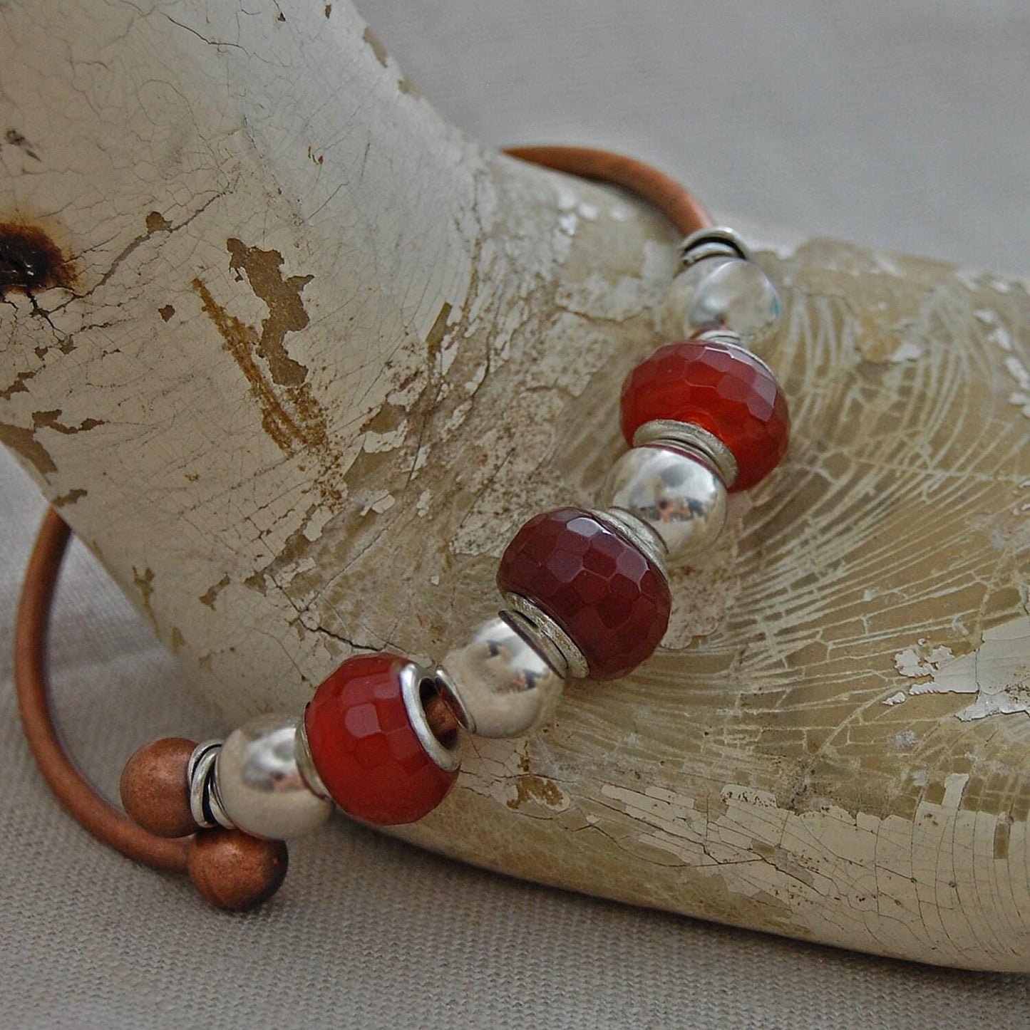 Lara - Copper Bracelet Features Carnelian Gemstone Beads With Sterling Silver Beads Set On a Solid Copper Cuff Bangle. Free Shipping US.