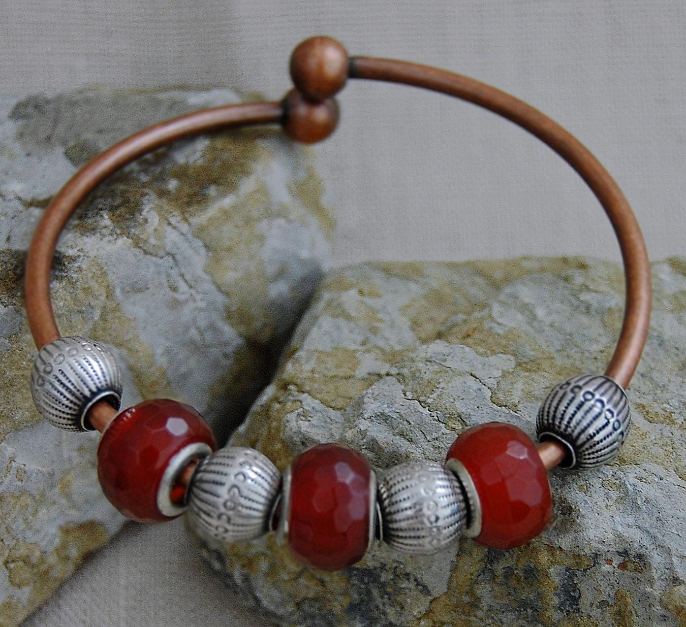 Tori- Boho Copper Cuff Bracelet Bangle, Carnelian Beads, Vintage Bali Beads.