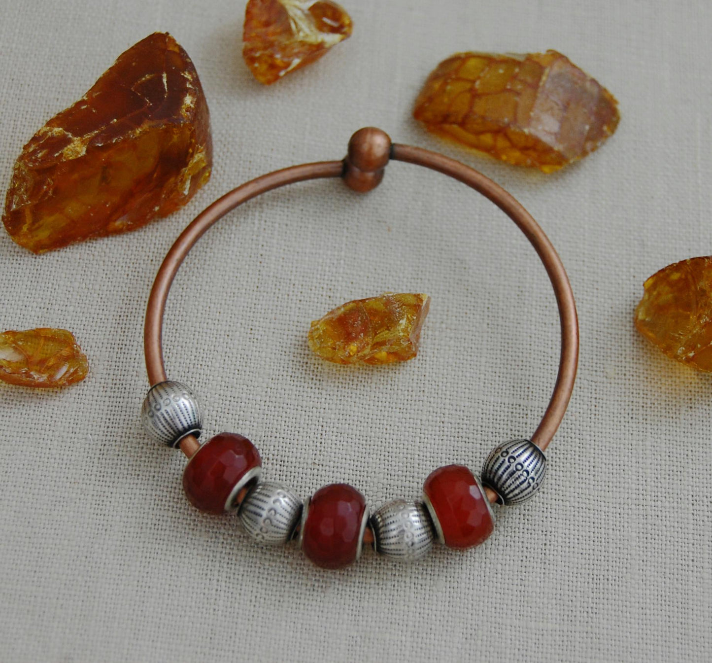 Tori- Boho Copper Cuff Bracelet Bangle, Carnelian Beads, Vintage Bali Beads.