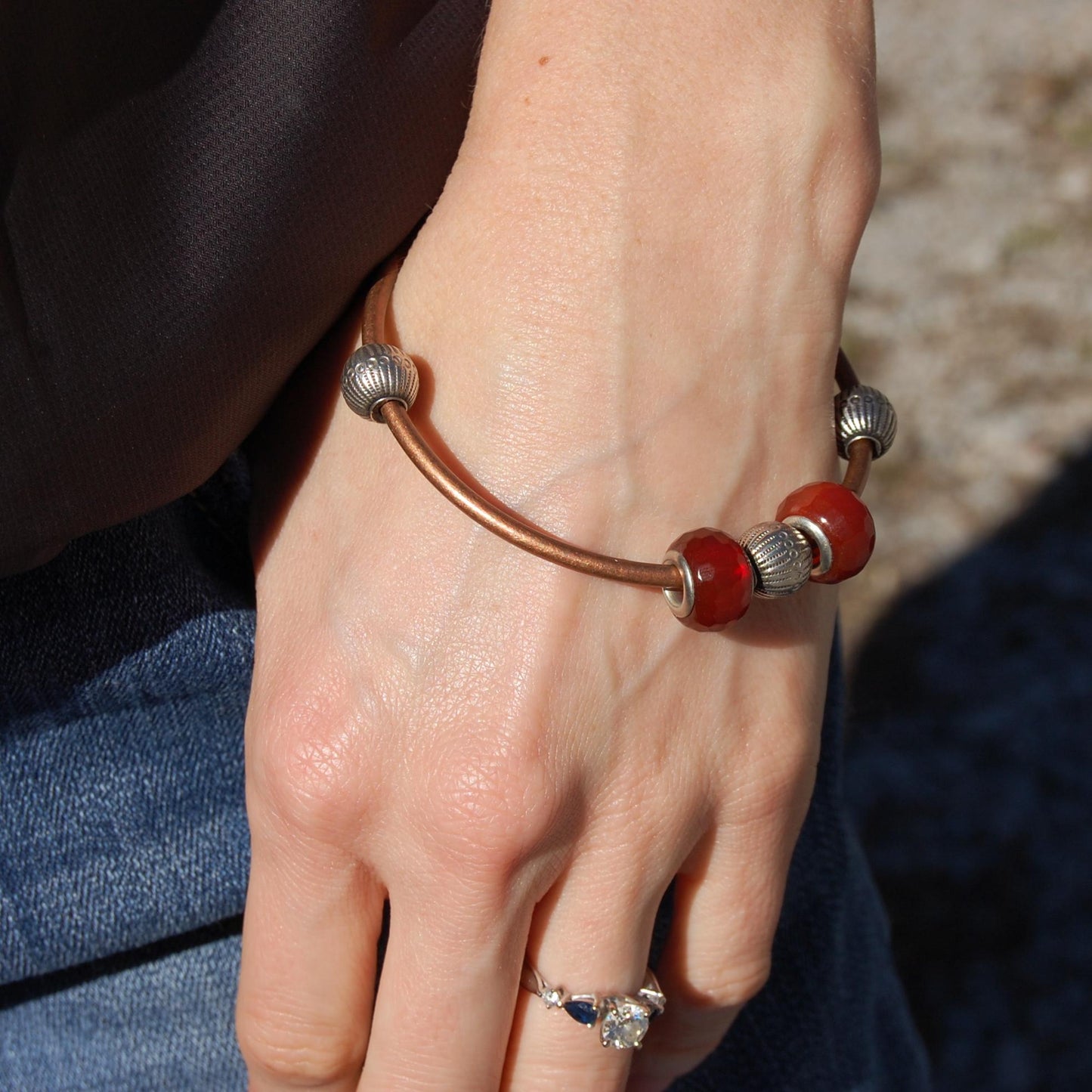 Tori- Boho Copper Cuff Bracelet Bangle, Carnelian Beads, Vintage Bali Beads.