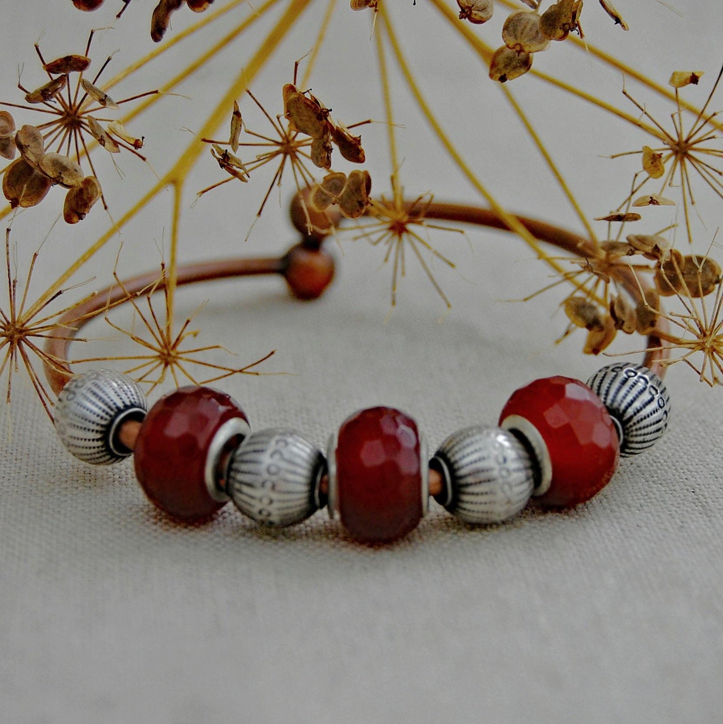 Tori- Boho Copper Cuff Bracelet Bangle, Carnelian Beads, Vintage Bali Beads.