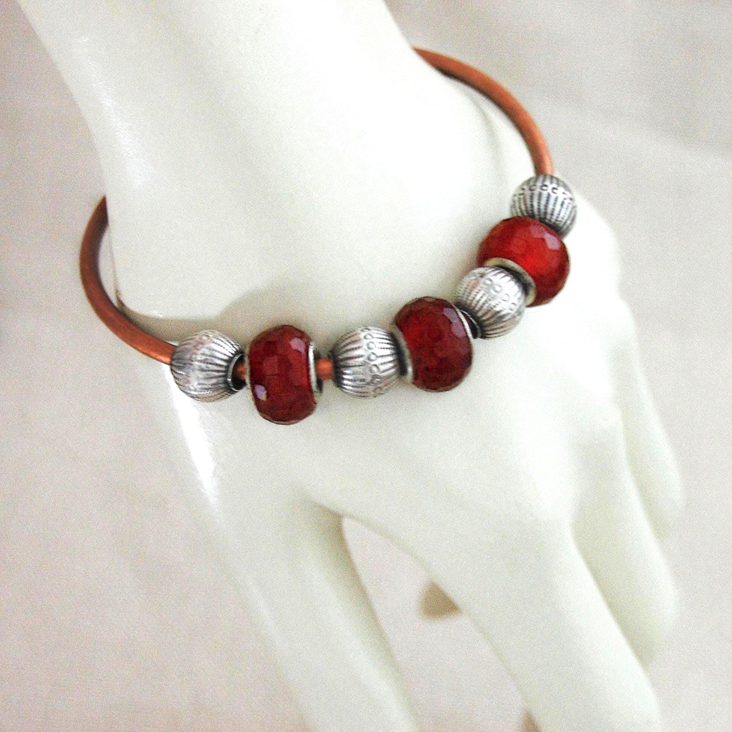 Tori- Boho Copper Cuff Bracelet Bangle, Carnelian Beads, Vintage Bali Beads.